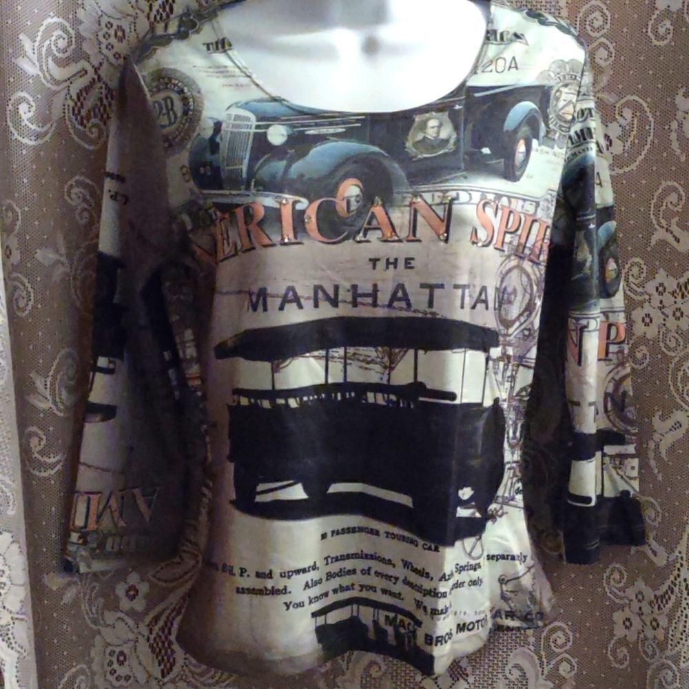 Expresso American‎ Spirit Women's Sz M Top Nostalgia Money Motor Cars 3/4 sleeve